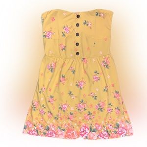 •Strapless Mini Dress, Mustard W/Floral Pattern, Contrasting Buttons, Stretchy•